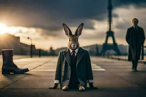 ein Hase im ein passen und Krawatte Stehen im Vorderseite von das Eiffel Turm. KI-generiert foto