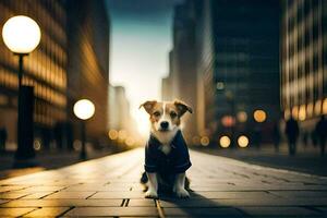 ein Hund im ein passen Sitzung auf das Straße. KI-generiert foto