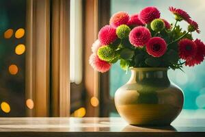 ein Vase mit Rosa Blumen Sitzung auf ein Tabelle in der Nähe von ein Fenster. KI-generiert foto