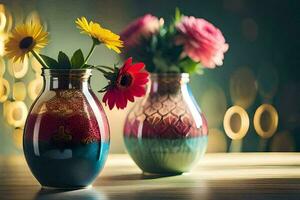 zwei Vasen mit bunt Blumen Sitzung auf ein Tisch. KI-generiert foto