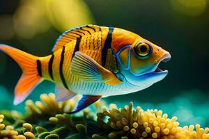 ein Fisch mit ein Gelb und Orange Körper ist Schwimmen im das Ozean. KI-generiert foto