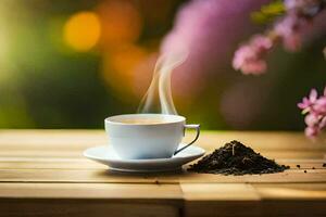 ein Tasse von Tee auf ein hölzern Tabelle mit ein Blume im das Hintergrund. KI-generiert foto