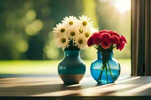 zwei Vasen mit Blumen Sitzung auf ein Tisch. KI-generiert foto