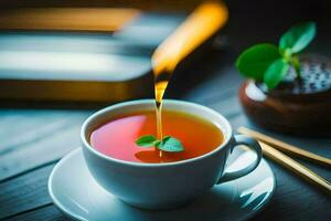 das Tee Tasse ist gefüllt mit ein Tee Blatt. KI-generiert foto