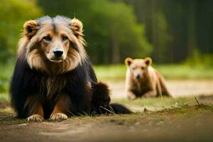 zwei braun Bären Sitzung im das Gras. KI-generiert foto