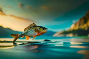 ein Fisch ist Stehen auf das Wasser mit ein Sonnenuntergang im das Hintergrund. KI-generiert foto