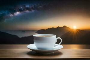 ein Tasse von Kaffee auf ein Tabelle im Vorderseite von ein schön Aussicht von das milchig Weg. KI-generiert foto
