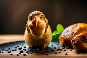 ein Hähnchen mit ein Vogel Kopf und ein Vogel Körper. KI-generiert foto