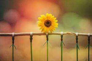 ein Gelb Sonnenblume sitzt auf ein Zaun Post. KI-generiert foto