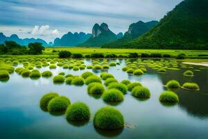 das grasig Felder von Yangshuo, China. KI-generiert foto