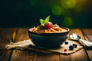 ein Schüssel von Pasta mit Beeren und Minze Blätter auf ein hölzern Tisch. KI-generiert foto