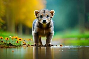 ein Baby Wolf ist Stehen im das Wasser. KI-generiert foto