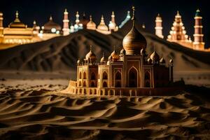 ein Sand Schloss im das Wüste beim Nacht. KI-generiert foto