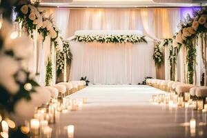 ein Hochzeit Gang mit Kerzen und Blumen. KI-generiert foto