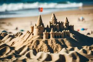 ein Sand Schloss auf das Strand mit ein Flagge. KI-generiert foto