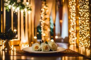 ein Weiß Rose auf ein Teller im Vorderseite von ein Tabelle mit Kerzen. KI-generiert foto