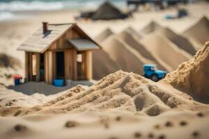 ein Miniatur Haus auf das Strand mit Sand. KI-generiert foto