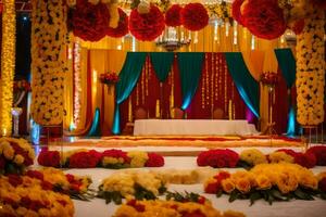 ein Hochzeit Bühne dekoriert mit Blumen und Girlanden. KI-generiert foto