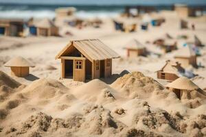 ein Miniatur hölzern Haus auf das Strand. KI-generiert foto