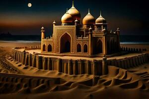 ein Sand Schloss ist gezeigt im das Wüste beim Nacht. KI-generiert foto