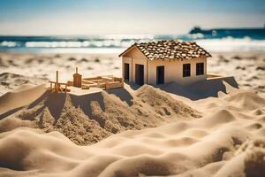 ein klein Haus im das Sand auf das Strand. KI-generiert foto