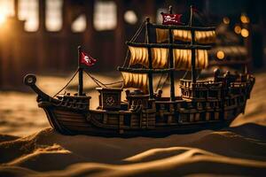 ein Modell- Pirat Schiff sitzt im das Sand. KI-generiert foto