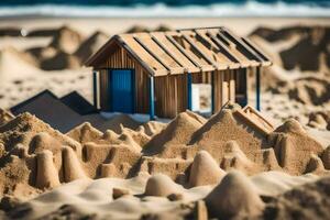 ein klein hölzern Haus sitzt im das Sand auf ein Strand. KI-generiert foto