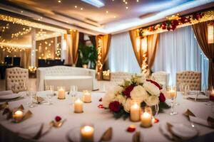 ein Hochzeit Rezeption Tabelle mit Kerzen und Blumen. KI-generiert foto