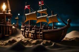 ein Modell- von ein Pirat Schiff auf ein sandig Strand. KI-generiert foto