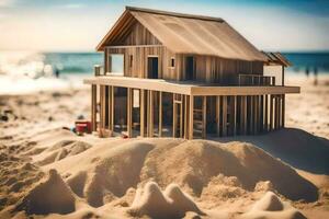 ein hölzern Haus auf das Strand mit Sand. KI-generiert foto