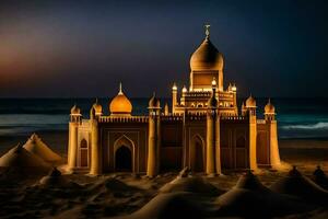 ein Sand Schloss ist zündete oben beim Nacht. KI-generiert foto