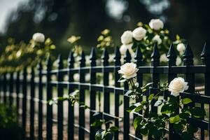 Weiß Rosen sind wachsend auf ein schwarz Zaun. KI-generiert foto