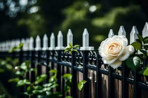 ein Rose ist auf ein Zaun in der Nähe von ein Garten. KI-generiert foto