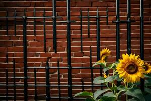 Sonnenblumen im Vorderseite von ein Backstein Mauer. KI-generiert foto