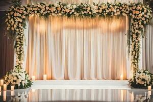 ein Hochzeit Bühne mit Weiß Blumen und Kerzen. KI-generiert foto