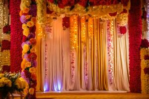 ein bunt Hochzeit Bühne dekoriert mit Blumen. KI-generiert foto