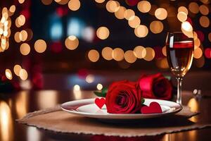 Valentinstag Tag Abendessen mit Rosen und Champagner. KI-generiert foto