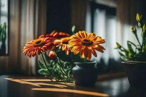 Orange Blumen im ein Vase auf ein Tisch. KI-generiert foto