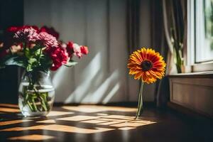 ein Vase von Blumen Sitzung auf ein Tabelle in der Nähe von ein Fenster. KI-generiert foto