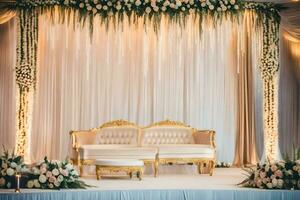 ein Hochzeit Bühne mit ein Gold Couch und Blumen. KI-generiert foto