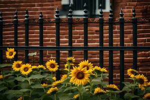 ein schwarz Eisen Zaun mit Sonnenblumen im Vorderseite von ein Backstein Gebäude. KI-generiert foto