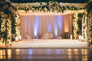 ein Hochzeit Zeremonie mit Kerzen und Blumen. KI-generiert foto