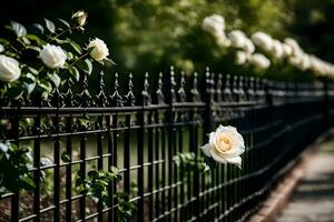 ein Weiß Rose ist wachsend auf ein schwarz Zaun. KI-generiert foto