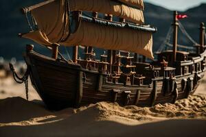 ein Modell- von ein Pirat Schiff auf das Sand. KI-generiert foto