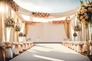 ein draussen Hochzeit Zeremonie mit Weiß Stühle und Blumen. KI-generiert foto