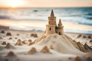 Sand Schloss auf das Strand beim Sonnenuntergang. KI-generiert foto