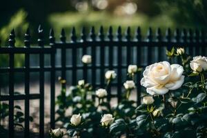 Weiß Rosen im Vorderseite von ein schwarz Zaun. KI-generiert foto