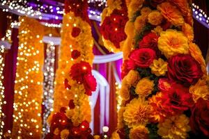 ein Hochzeit Rezeption mit bunt Blumen und Beleuchtung. KI-generiert foto