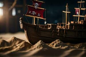 ein Modell- von ein Pirat Schiff im das Sand. KI-generiert foto