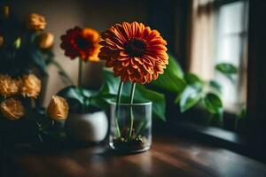 Orange Blumen im ein Vase auf ein Tisch. KI-generiert foto